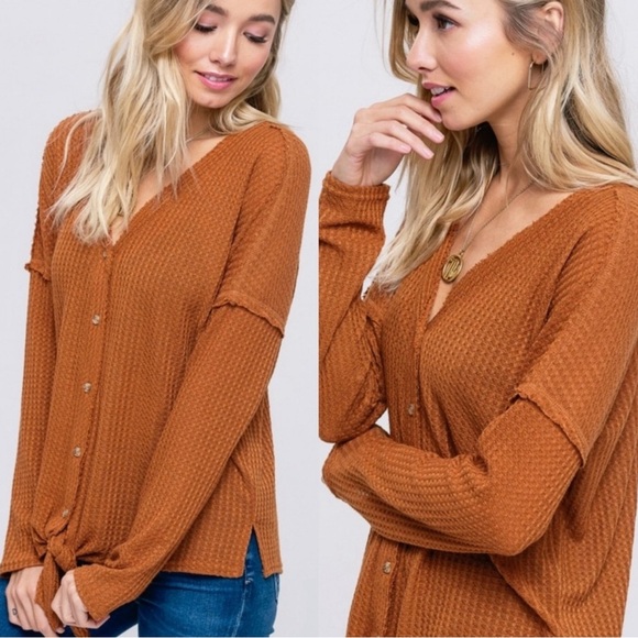 (18)🍁New Fall🍁 Waffle Knit Button Down Front Tie Casual Relaxed Fit Top - Picture 6 of 7